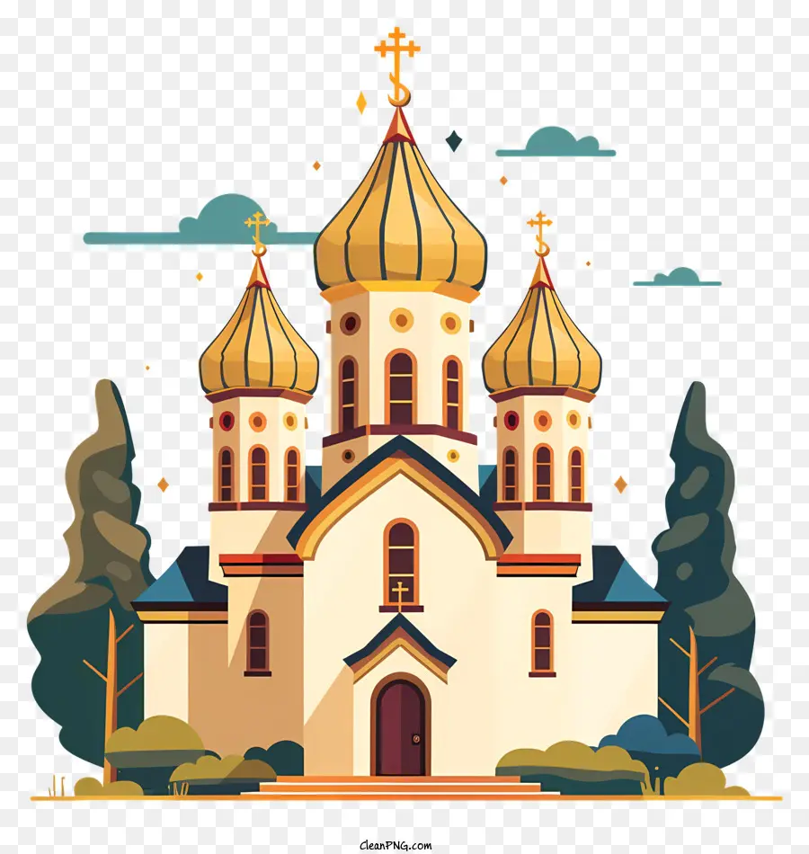 orthodoxe Kirchenlächen goldene Kuppeln kreuzen - Flatstil -Kirche, umgeben von Bäumen
