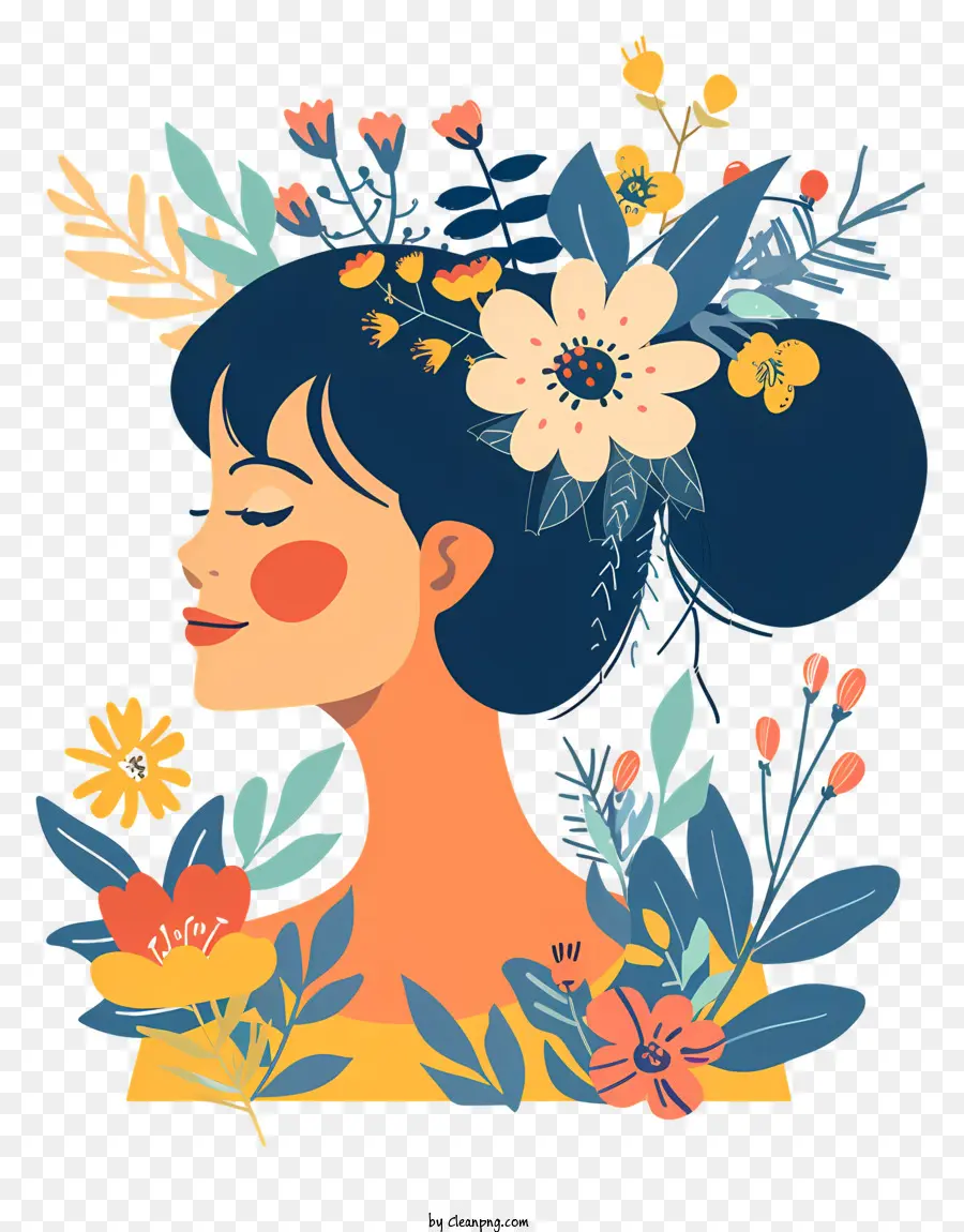 Frühlingsfrau junge Frau lockige Haare Blumen blaue Augen - Junge Frau mit Blumen im Haar lächeln