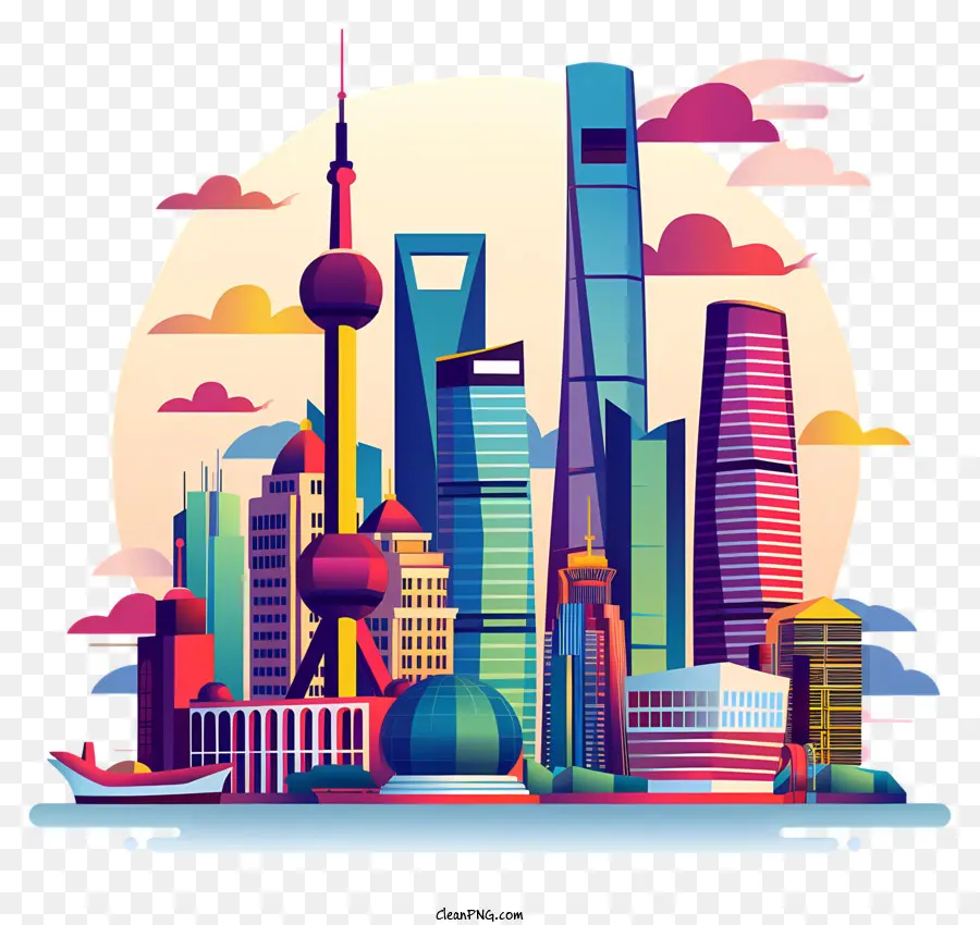 Shanghai City Silhouette Wolkenkratzer Stadtscape hohe Gebäude Glas- und Stahlkonstruktionen - Hoher Wolkenkratzer in geschäftiger Stadt, bewölkter Himmel