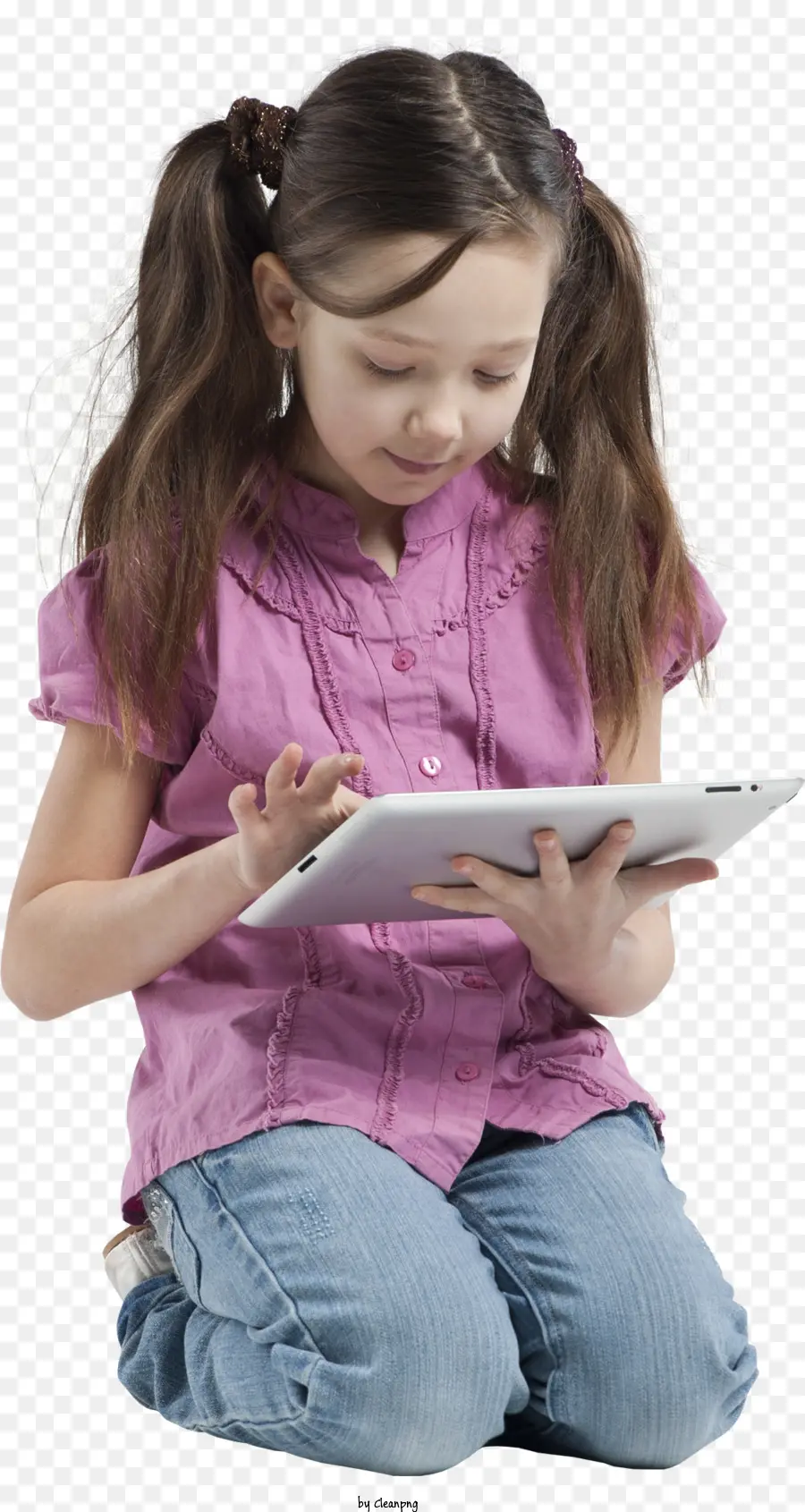 People Giovane Girl Tablet Technology Shirt rosa - Giovane ragazza con tablet, camicia rosa, coda di cavallo