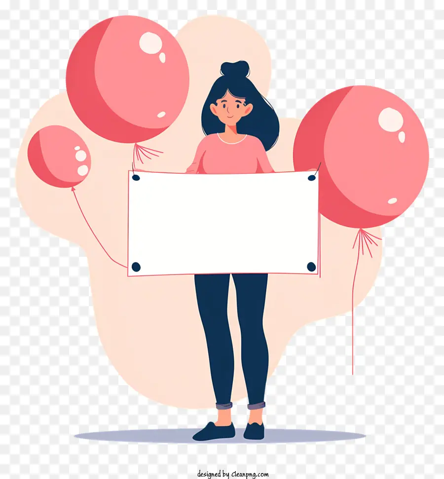 rosa Luftballons - Cartoonfrau mit Schild und Luftballons