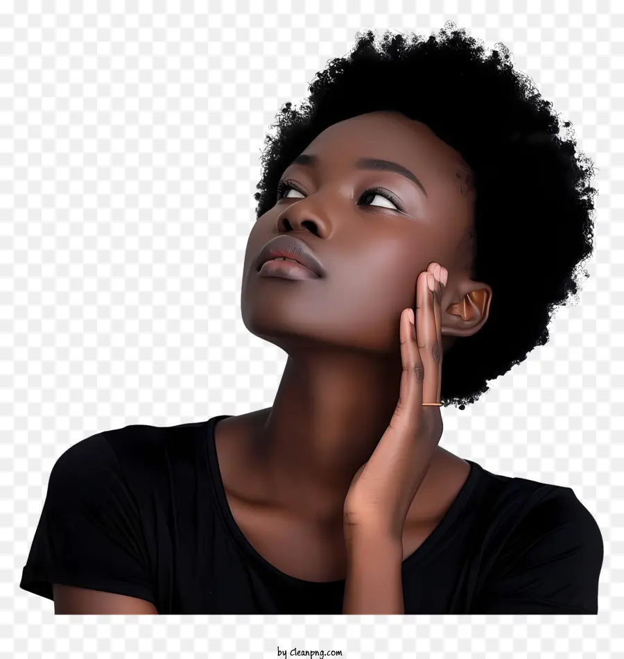 donna africana acconciatura afro tono scuro tono in stile minimalista espressione realistica - Donna curiosa con acconciatura afro e stile minimalista