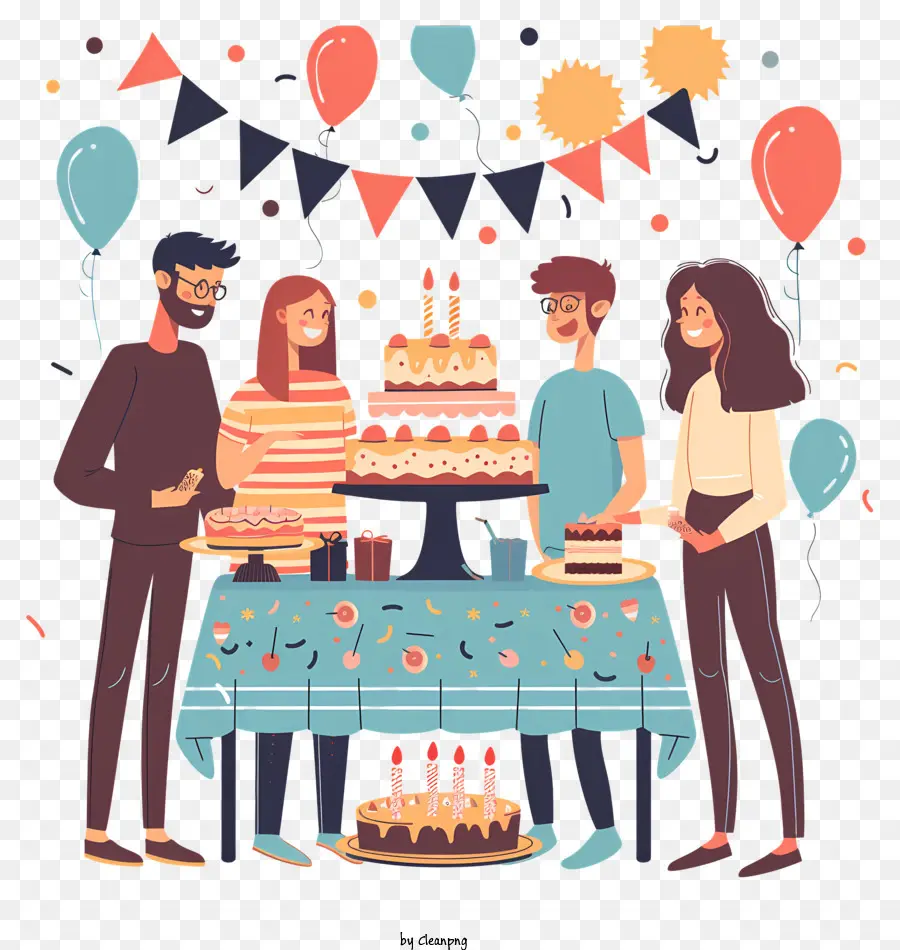 Geburtstagsparty - Leute, die mit Kuchen und Luftballons feiern
