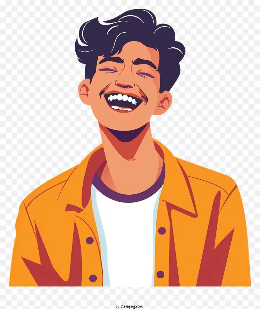 laughing man young man orange jacket white shirt smiling