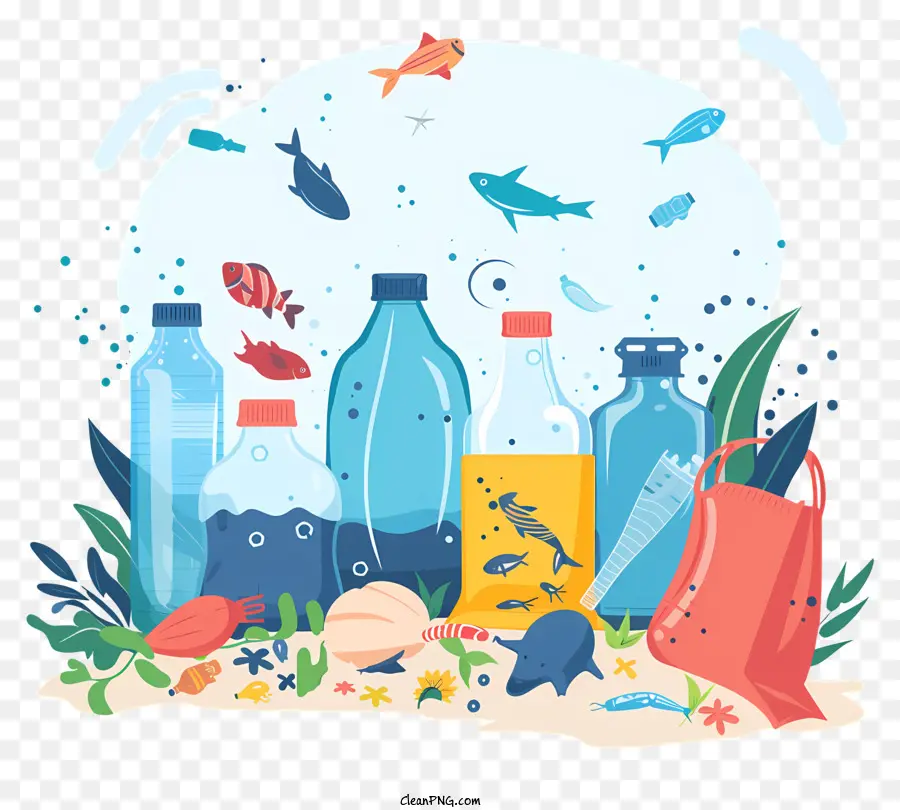Plastikverschmutzung Plastikverschmutzung Ozeanabfälle Wasserverschmutzung Umweltschäden Schäden - Verschmutzte aquatische Umgebung mit Trümmern und Meeresleben
