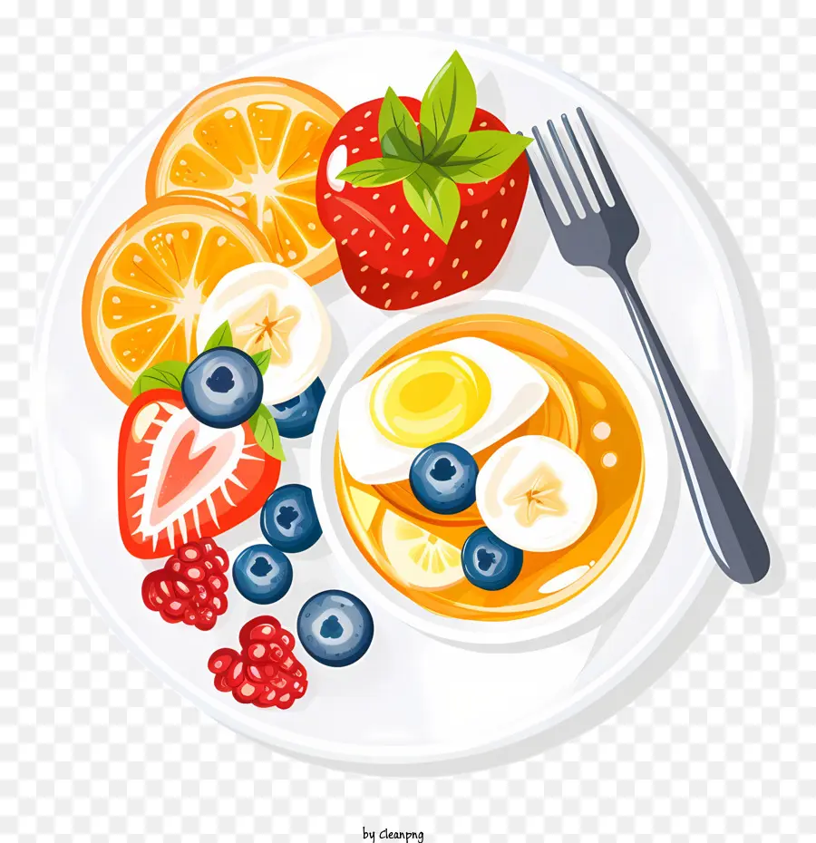 Fruit di pancetta per la colazione a colazione sana - Piatto per la colazione con frutta, uova, pancetta