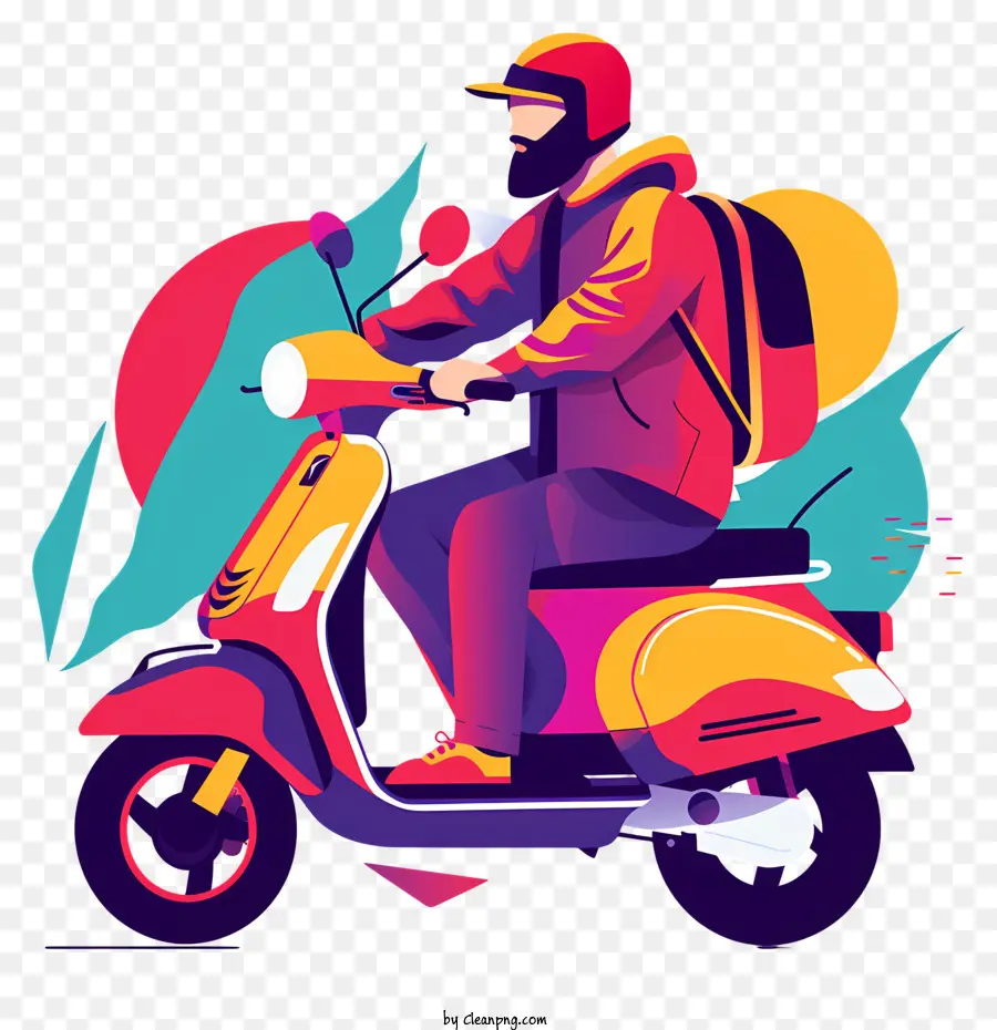 Deliveryman che consegna ordini elmetto scooter trasporto urbano energico - Energic Man Riding Scooter con sfondo astratto