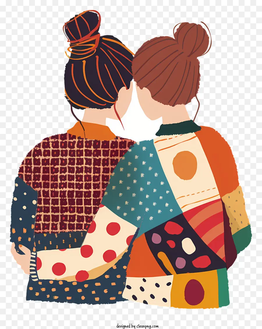 Best Friends Cartoon Illustration Women che abbraccia abbracciare la giacca di stampa floreale - Due donne che abbracciano, sorridono, sfondo nero