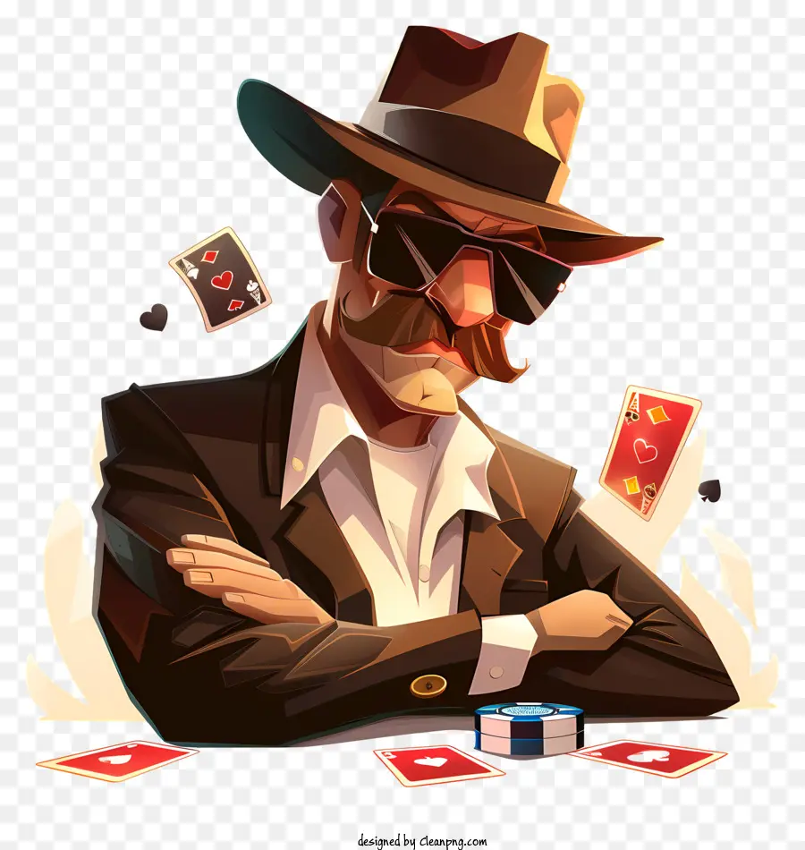 Fedora - Ernsthafter Mann im Anzug mit Karten und Geld