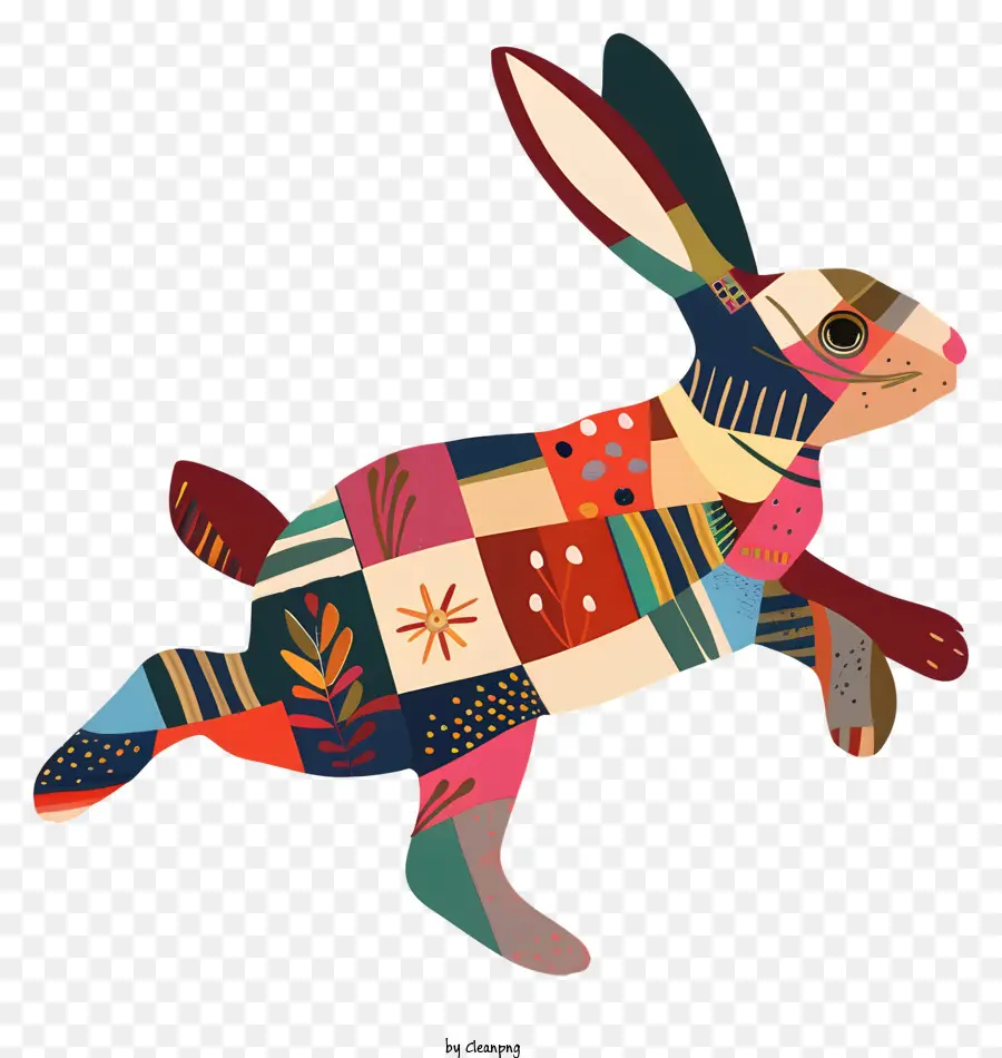 Bunny Hop Buntes Kaninchen Patchwork Muster Einzigartige Textur visuelles Interesse - Buntes Kaninchen mit Patchwork -Fell, glücklicher Ausdruck