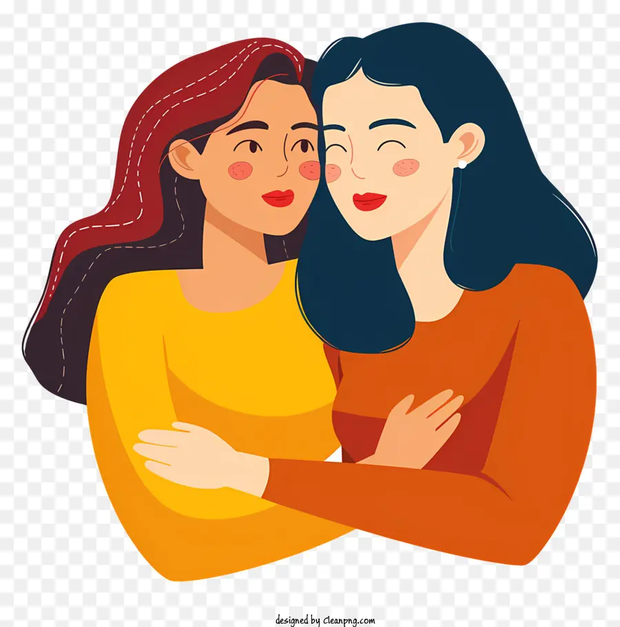 Beste Freunde Frauen Freunde lächeln lange lockige Haare - Zwei Frauen umarmen das Lächeln auf schwarzem Hintergrund