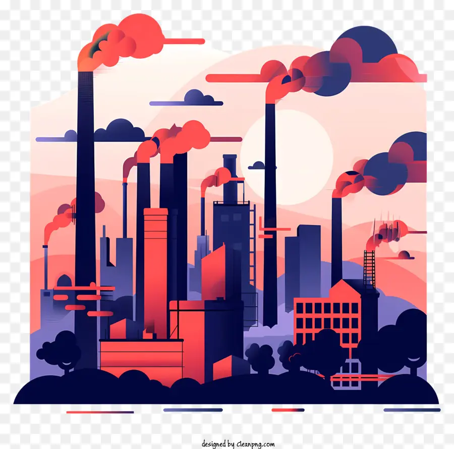 Nhà máy ô nhiễm không khí Phong cảnh đô thị công nghiệp Smokestack - Cảnh công nghiệp đầy màu sắc với hiệu ứng 3D