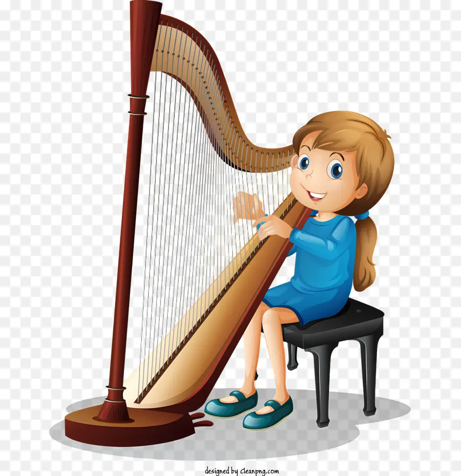 Music Musical Instrument Harp Player Girl spielt Harp -Cartoon -Musik - Mädchen spielt Harfe in blauem Kleid