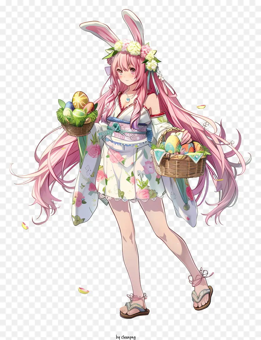 Anime Pasqua Pasqua costume coniglietto uova di Pasqua capelli rosa - Giovane donna in costume da coniglio con cestini delle uova