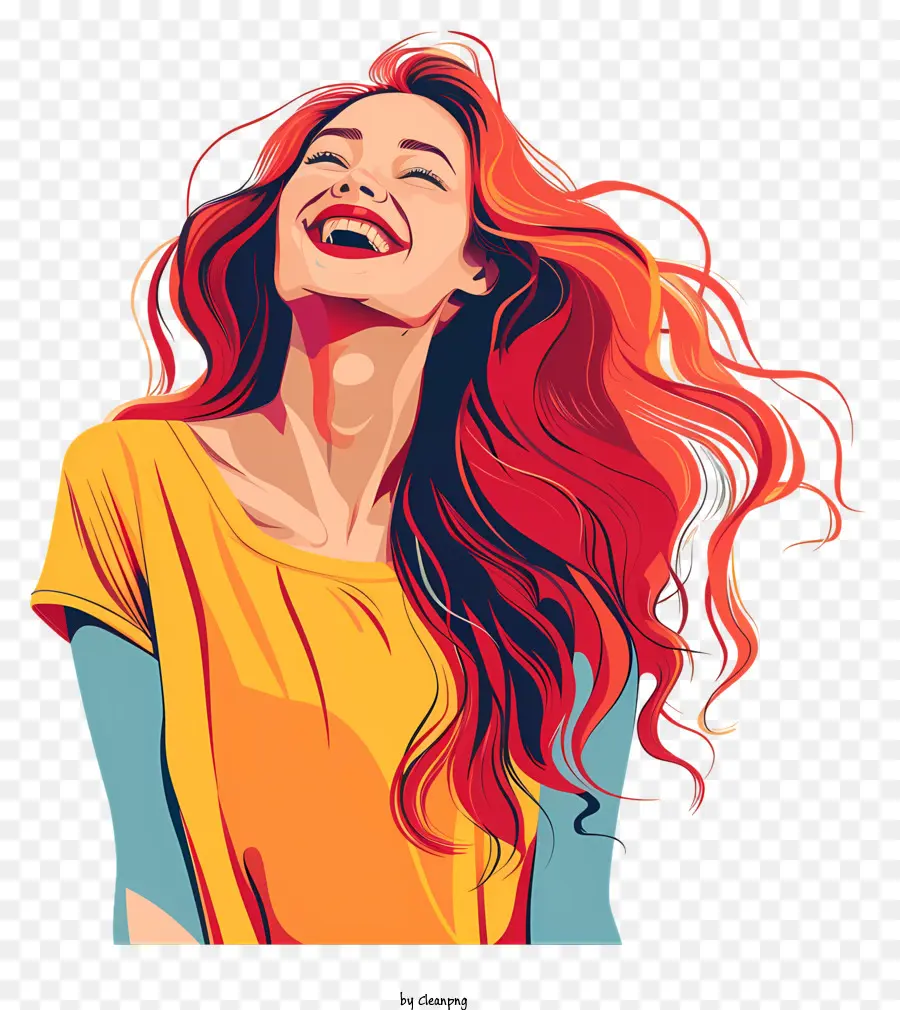 Tiếng cười cô gái tóc đỏ tươi cười phụ nữ hoạt hình nhân vật màu vàng - Người phụ nữ có mái tóc đỏ vẫy, mặc màu vàng
