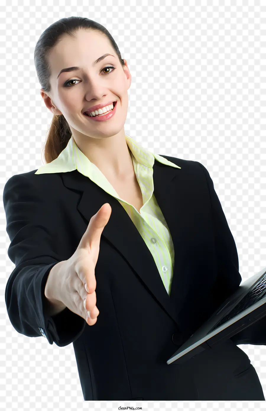 người phụ nữ kinh doanh - Nữ doanh nhân mặc bộ đồ đen với máy tính xách tay, ngón tay cái lên