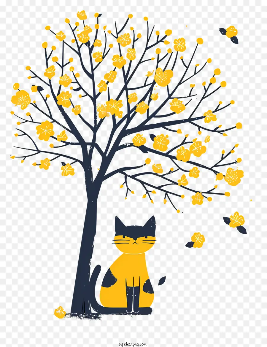 yellow Baum - Gelb und schwarzer Baum mit Katze und Blumen