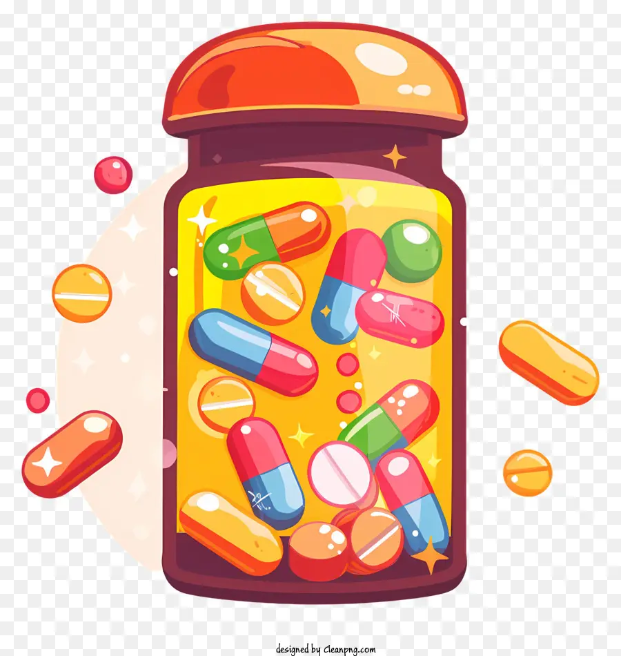 pillole di integratori alimentari vitamine integratori medicinali barattolo di vetro - Pillole colorate sparse attorno al barattolo trasparente