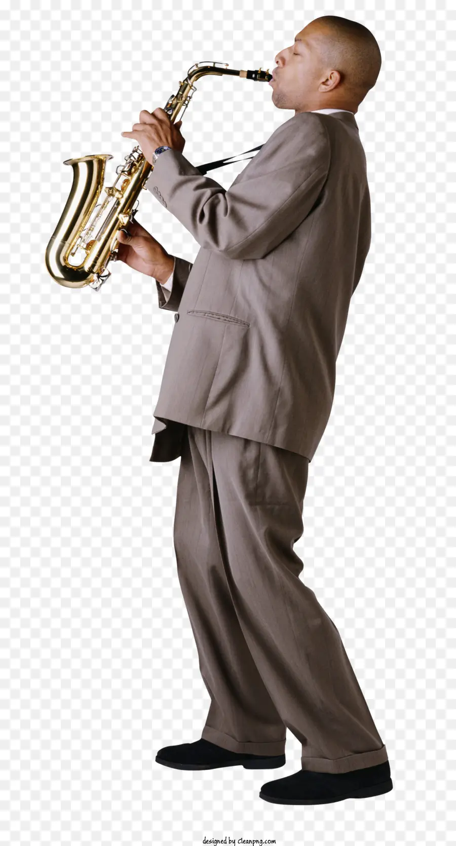 sfondo bianco - Uomo in abito grigio suonare il sassofono