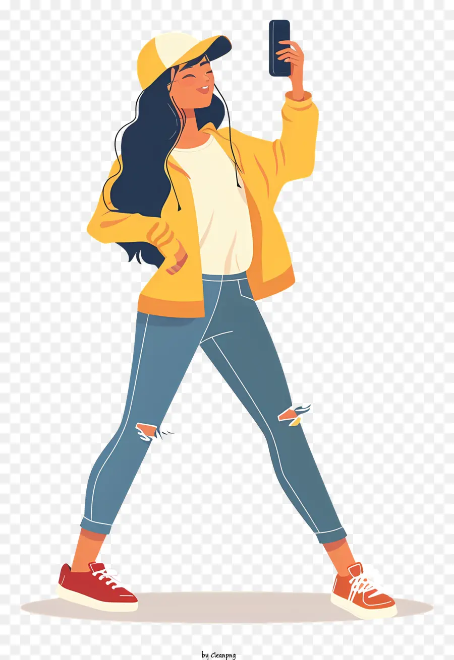 woman taking selfie young woman sidewalk phone yellow jacket