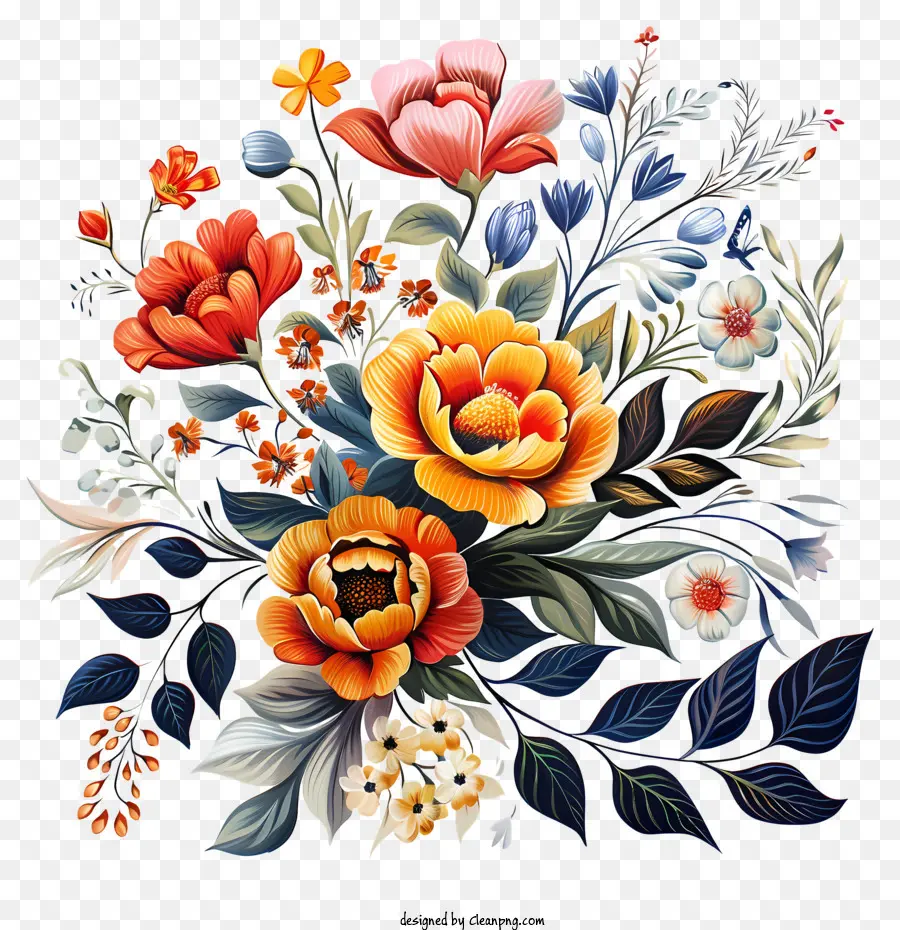 florales Design - Farbenfrohe Blumen in naturalistischer Anordnung auf schwarzem Hintergrund