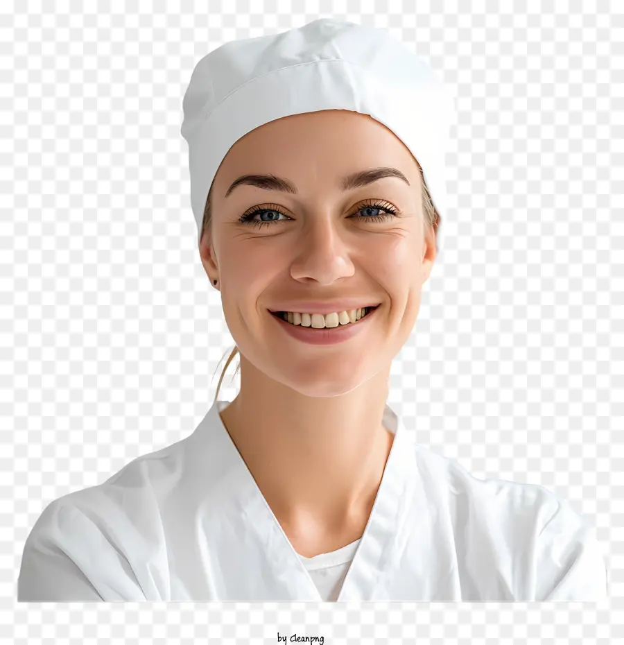 cappello da cuoco - Chef femmina in abbigliamento bianco, sorridente