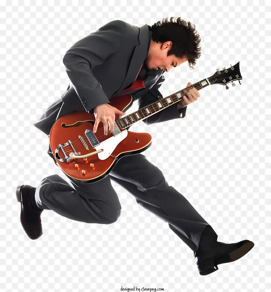 Musikinstrument E -Gitarrenmann springen - Mann im grauen Anzug mit Gitarre springen