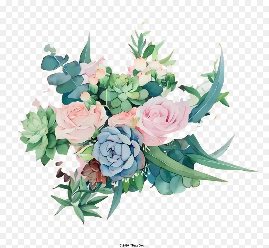 hoa hồng - Minh họa Bouquet màu hồng và màu xanh lá cây màu xanh lá cây