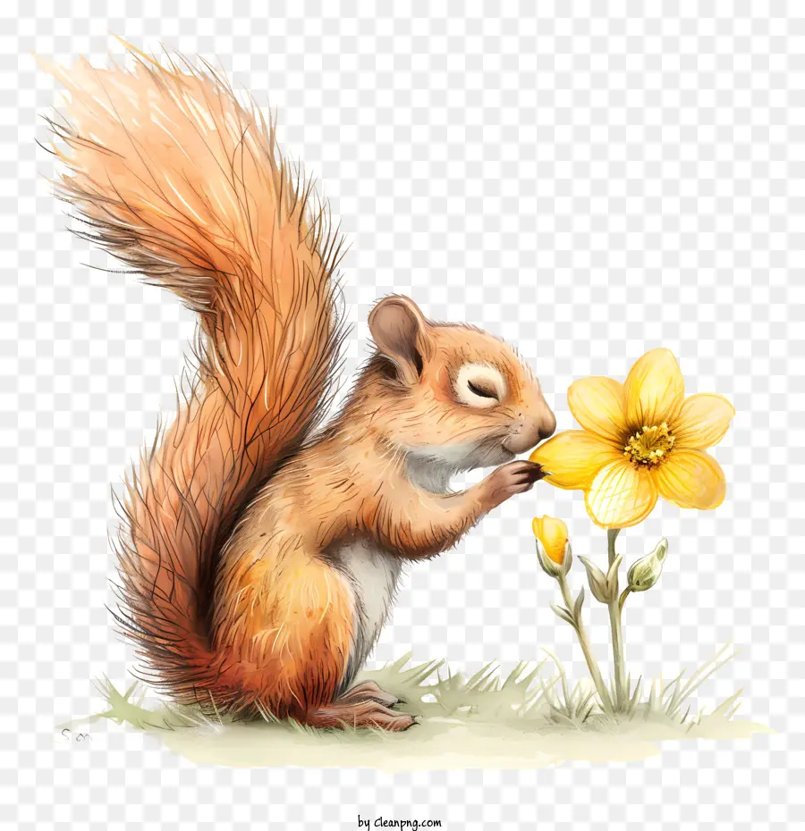 gelbe Blume - Eichhörnchen schnüffelte gelbe Blume ruhig
