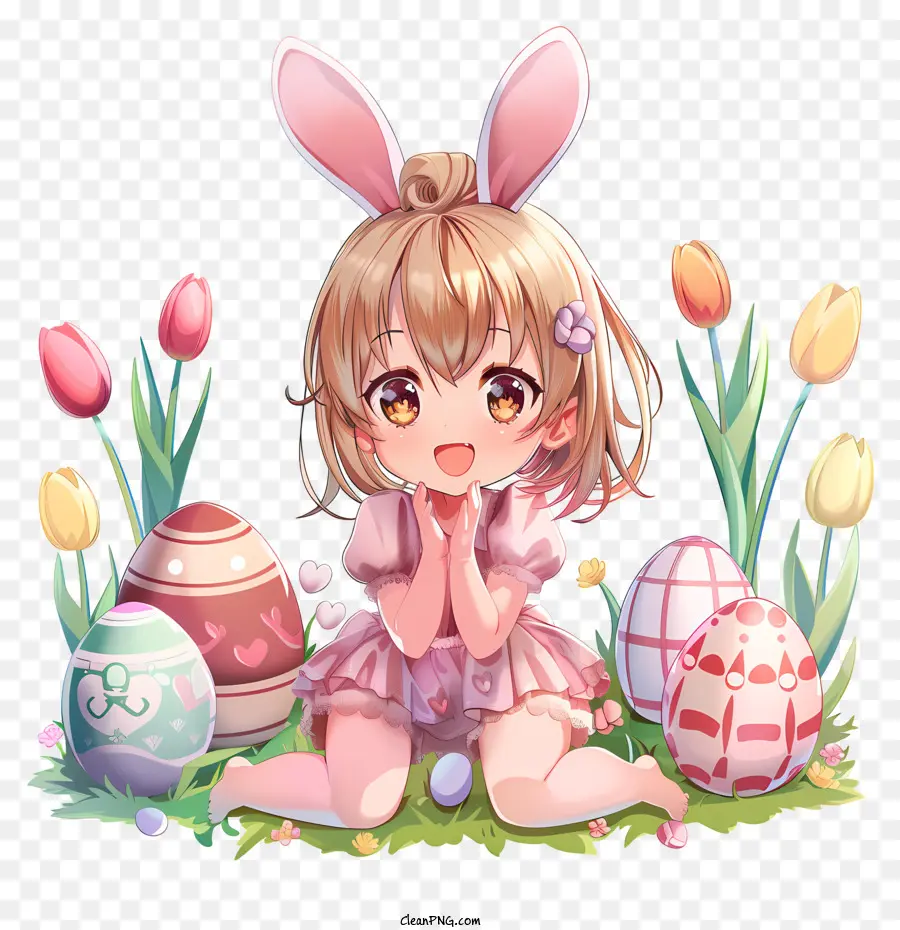 Anime Osterhasen Kostüm Bunte Ostereier süße Osterzeichnung Tulpen - Mädchen im Hasenkostüm mit Ostereiern