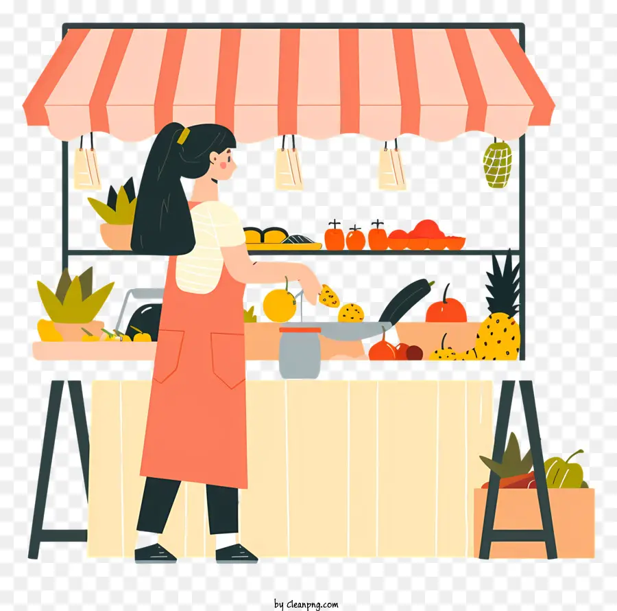 Donna che acquista cibo da frutta alimentare frutta e verdura A grembiule prodotti freschi - Stand di frutta colorato con atmosfera amichevole