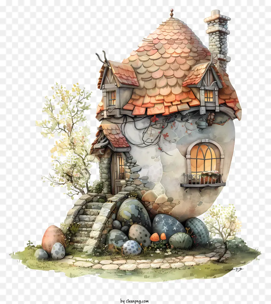 Nhà trứng Phục sinh đó là mái nhà Cottage Stone Arch Doorway Hiên bằng gỗ - Ngôi nhà mái nhà với trứng quá khổ bên ngoài