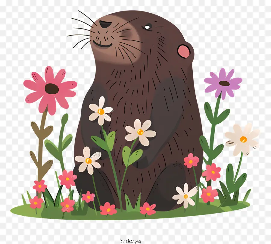 Mole Day Biber Wasser -Säugetier -Cartoon Blumen - Happy Cartoon Biber von Blumen umgeben