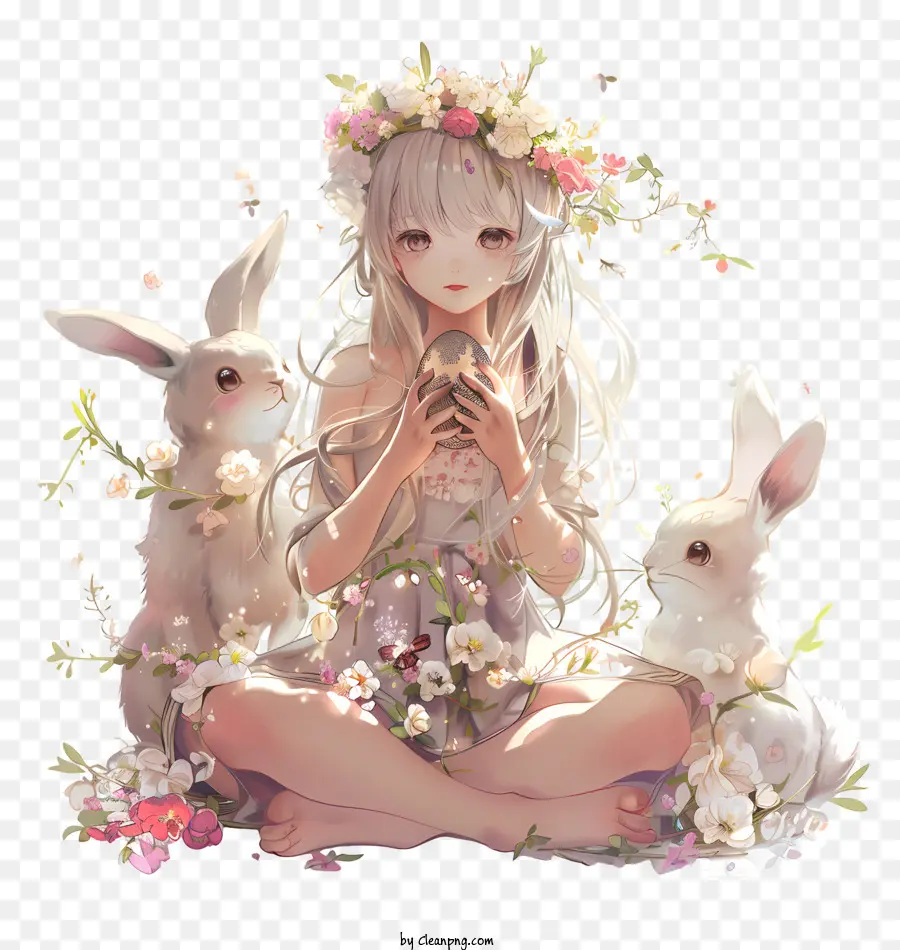 anime easter woman rabbits animals