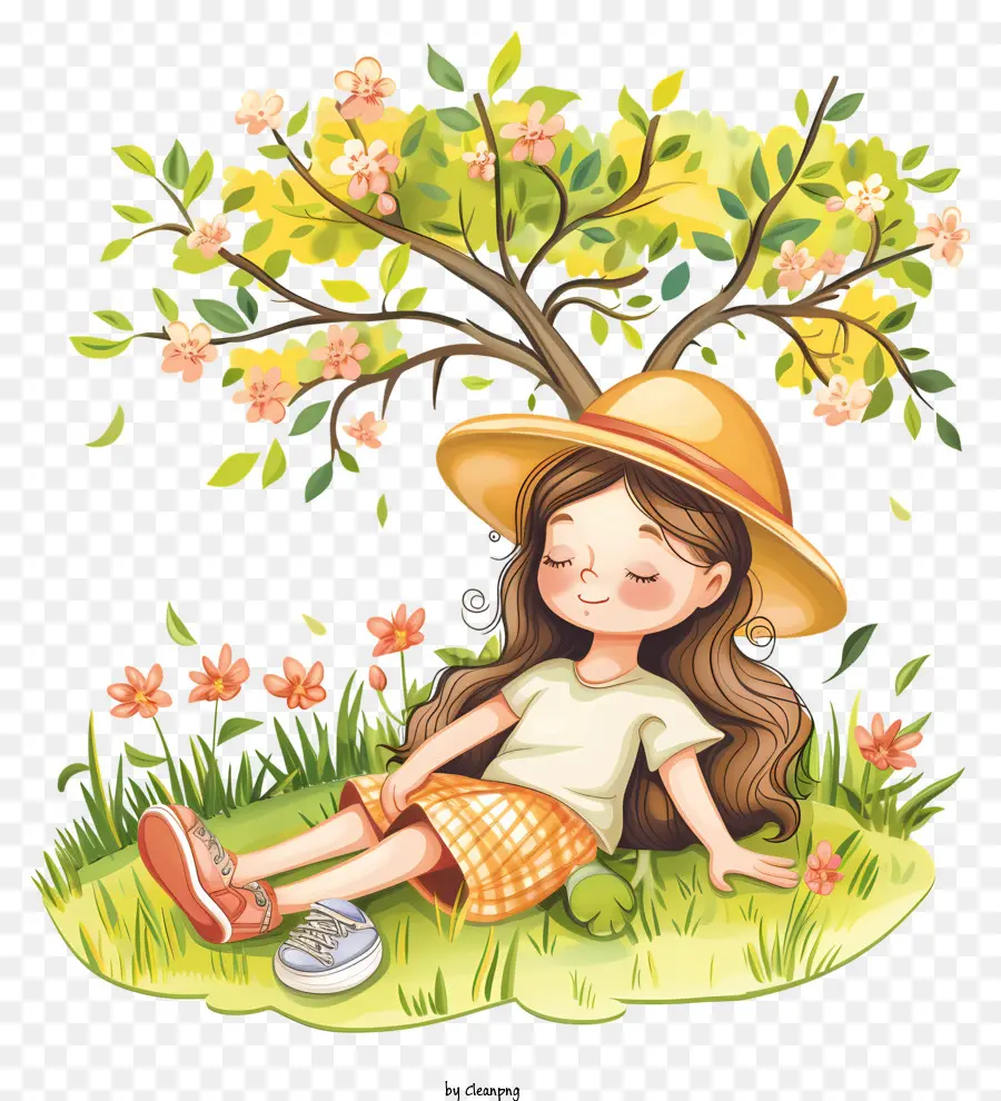 Cây hoạt hình mùa xuân Tree Resting Ruồng rơm - Nhân vật hoạt hình nằm dưới cây, táo treo
