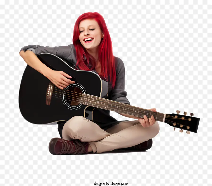 nhạc cụ âm nhạc phụ nữ trang phục đỏ guitar acoustic - Người phụ nữ hạnh phúc với cây đàn guitar trên tường trắng