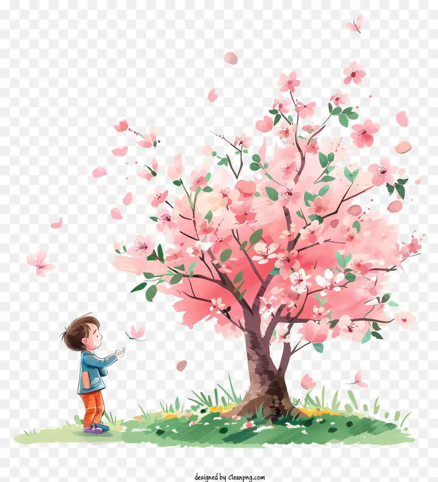 Kirschbaum - Kind greift nach fallenden Kirschblütenblättern