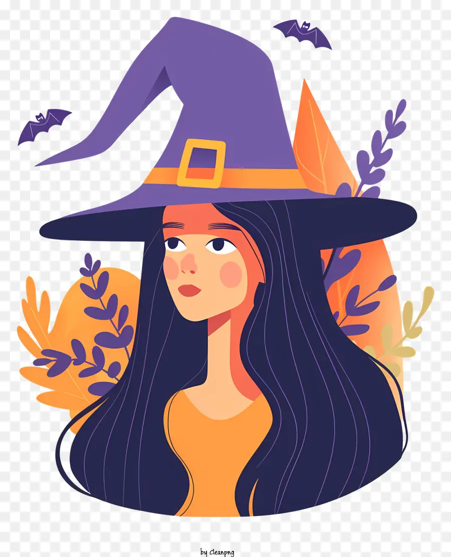 halloween Kostüm - Junge Frau im Hexenhut mit Geistern. 
Orange/lila