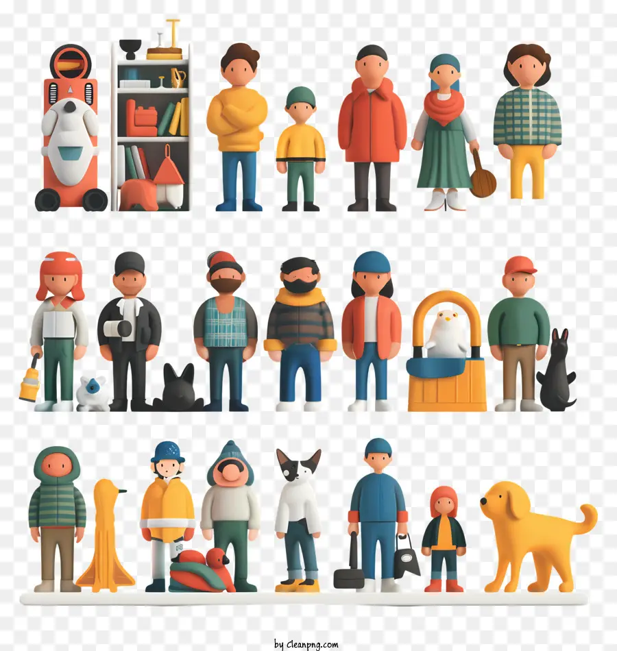 Gruppe von Menschen - Viele Gruppe mit Hund, die verschiedene Kleidung tragen