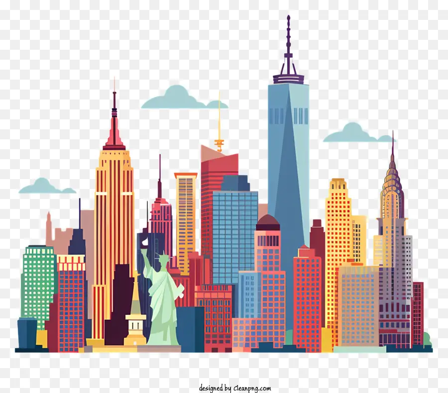 Freiheitsstatue - Farbenfrohe Skyline mit hohen Gebäuden und Aktivitäten