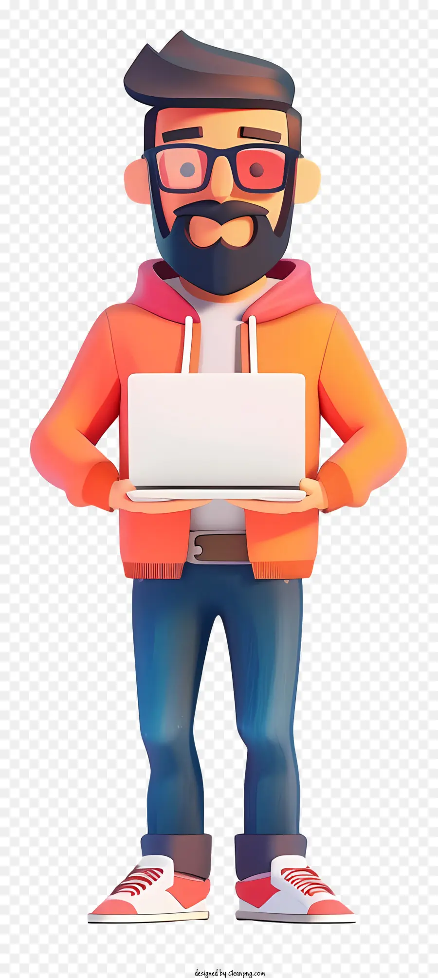 Brille - Cartoon -Programmierer im Orange Hoodie mit Laptop