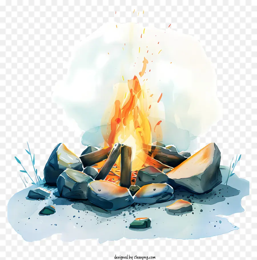 campfire logs flames smoke rocks