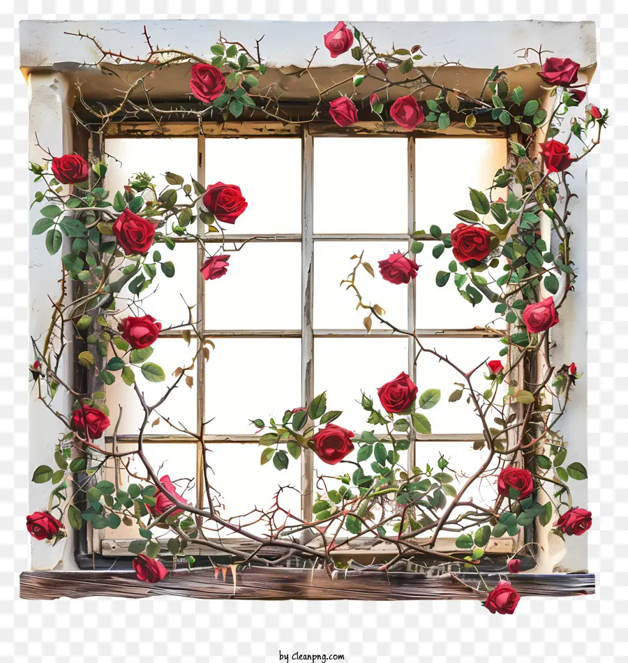 Rote Rosen - Rosen, die in der traditionellen Umgebung aus dem Fenster hängen