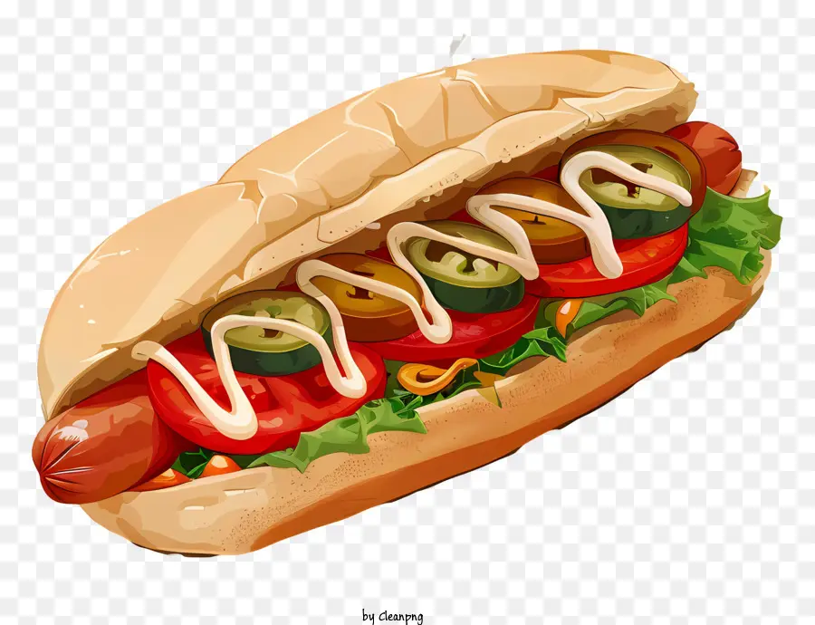 Hot Dog Sauce Cà chua cà chua - Minh họa về một chiếc bánh sandwich xúc xích được nạp