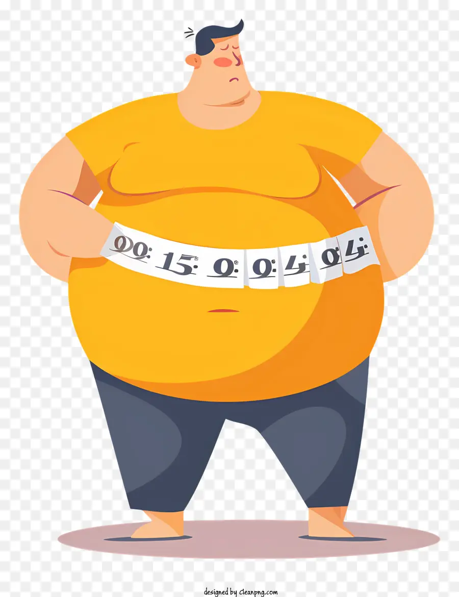 Weltvermögen Tag Fettleibigkeit Fettleibigkeit Übergewichtiges Gewichtsverlust Gesundheit - Fettleibiger Mann mit gelbem Hemd, Schnurrbart, Glatze