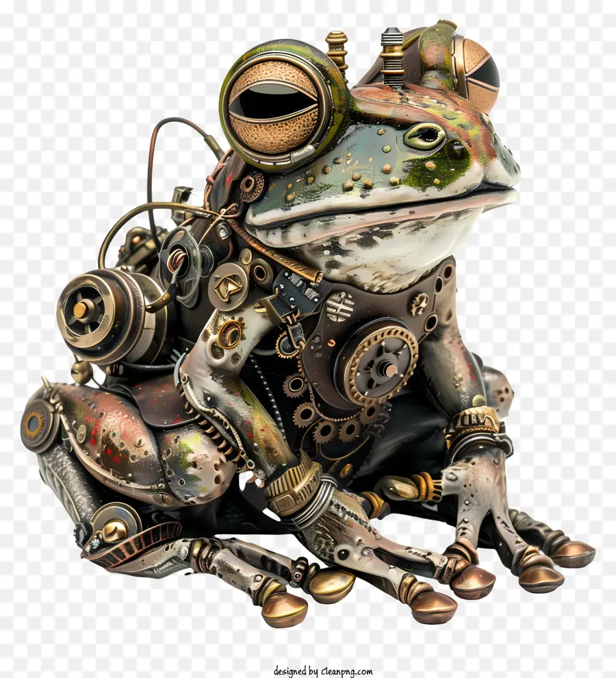 Steampunk Takt Zahnräder Frosch Skulptur mechanischer Anzug Augen geschlossen - Taktgetriebefrosch im mechanischen Anzug, introspektive
