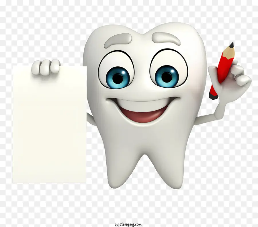 Cartone animato dente del dentista del dente - Dente di cartone animato sorridente con carta e matita