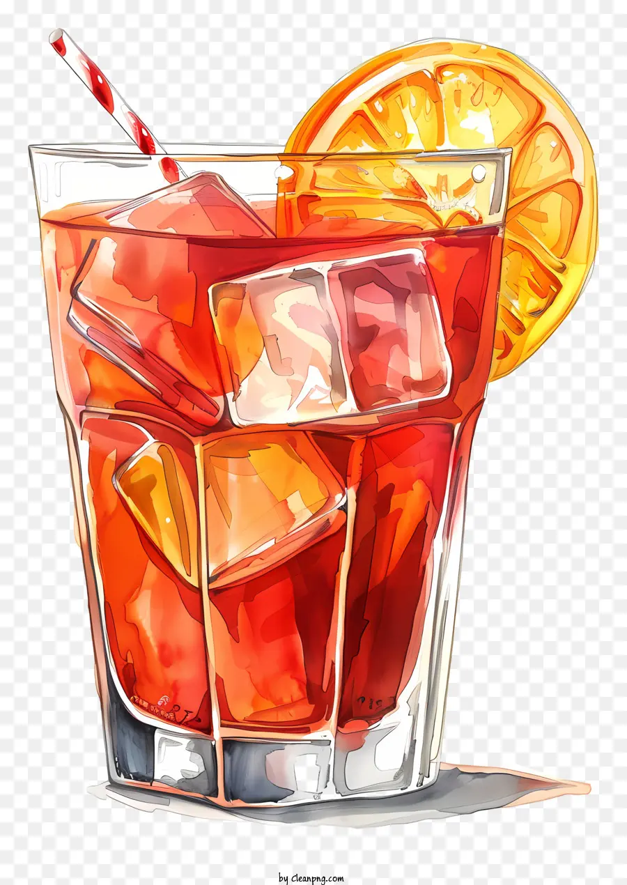 Sommergetränk - Rotes Getränk mit Orangenscheiben und Eiswürfeln