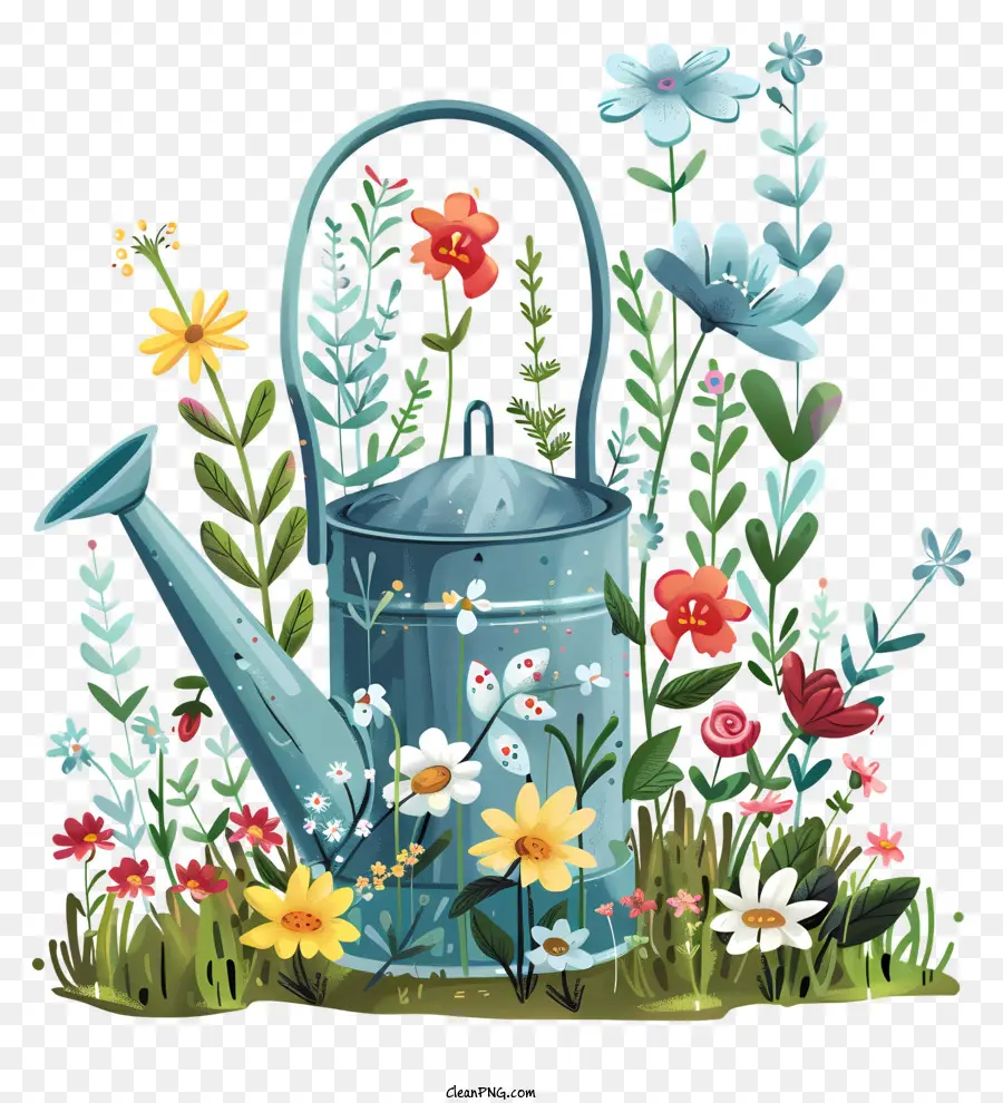 Spring Garden Watercan Vintage Illustration Wiring Can Flowers - Lattina di annaffiatura vintage con illustrazione colorata di fiori