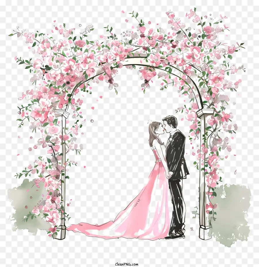 Braut und Bräutigam - Hochzeitszeremonie unter rosa Blumenbogenway